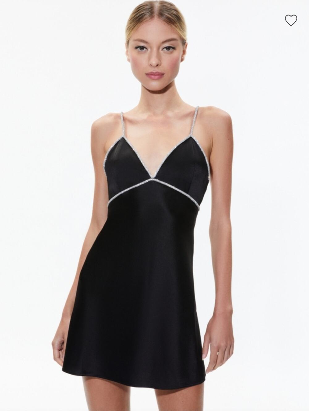 Alice + Olivia Julienne Rhinestone Satin Mini Slip Dress 12 Black Party Glam
